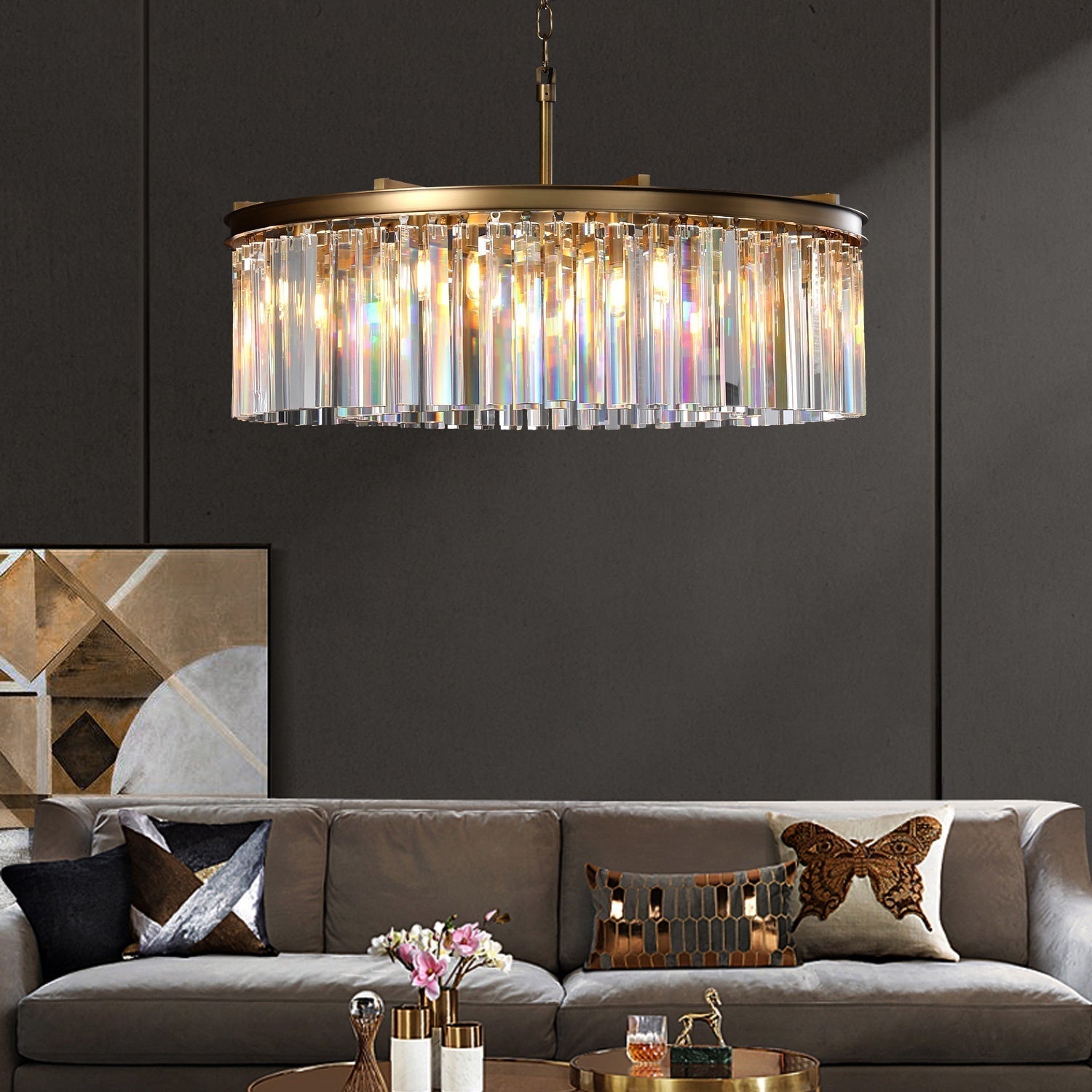 1920s Odeon Elegant Crystal Round Brass Chandelier Lighting 32"/43"