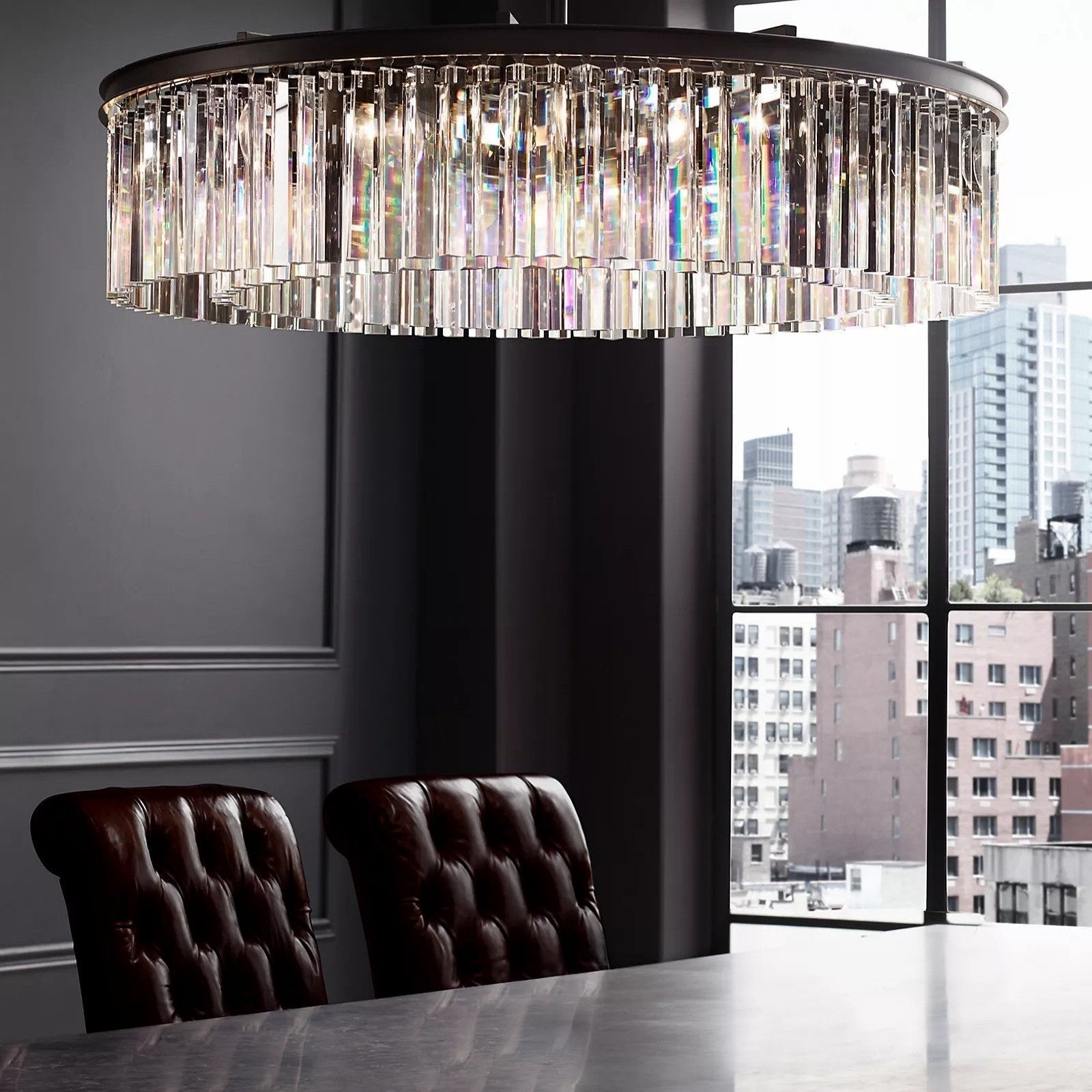 1920s Odeon Elegant Crystal Round Chandelier Lighting Black 32"/43" for Living Room