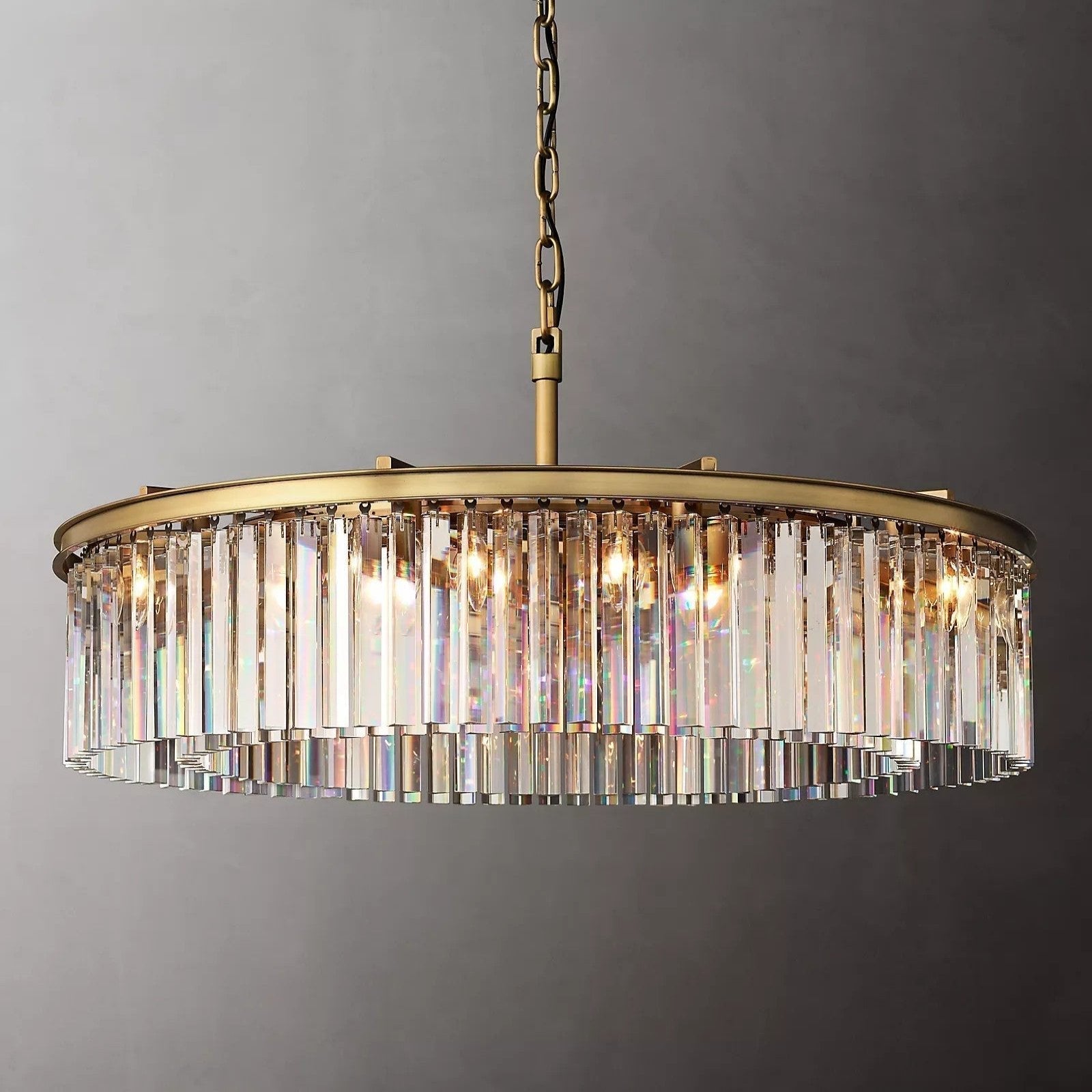 1920s Odeon Elegant Crystal Round Brass Chandelier Lighting 32"/43"
