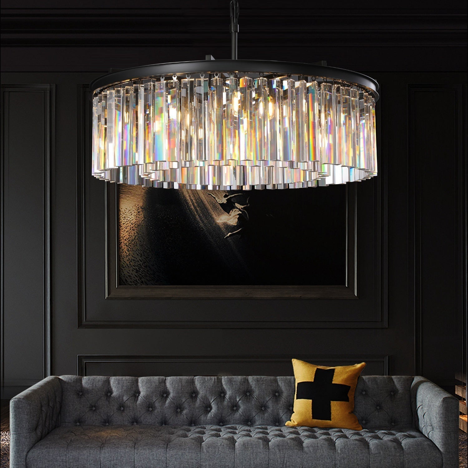 1920s Odeon Elegant Crystal Round Chandelier Lighting Black 32"/43" for Living Room