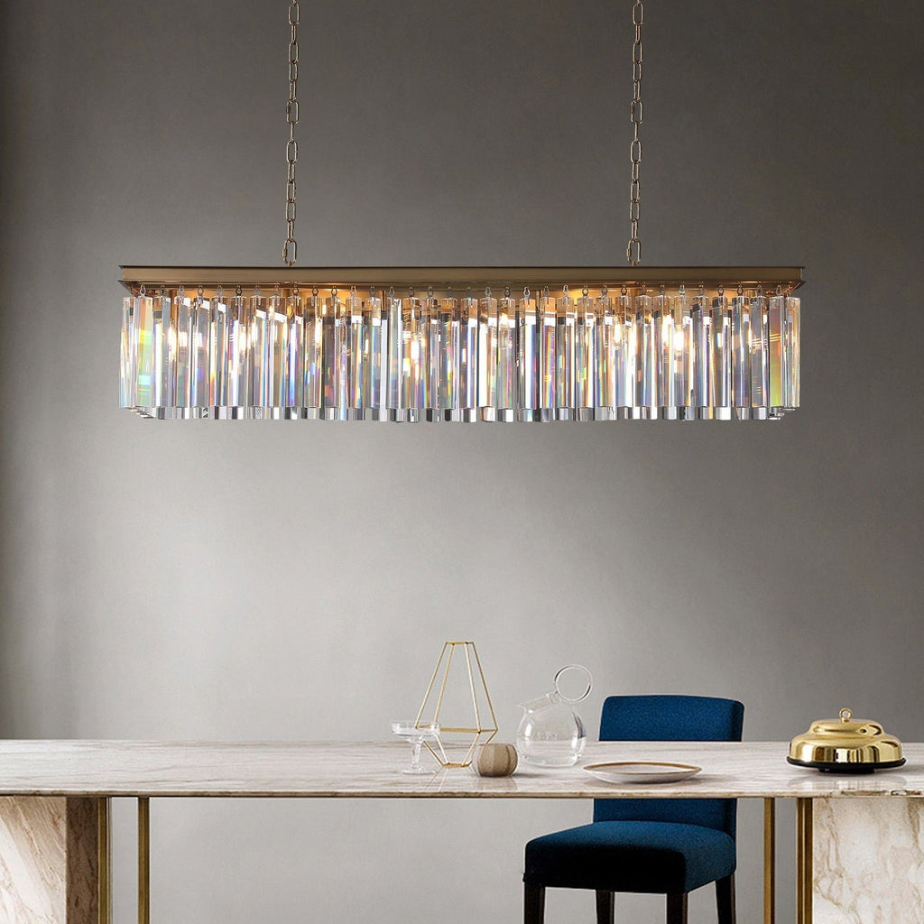 Elegant 1920s Odeon Crystal Island Linear Brass Chandelier 49"/59"