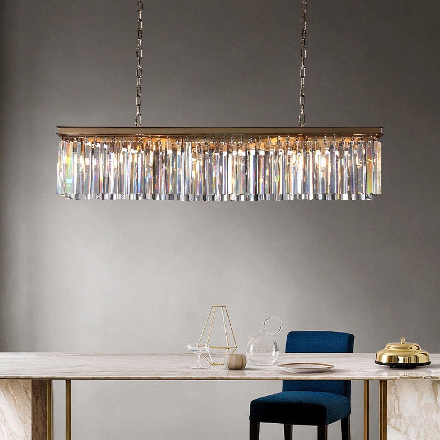 Elegant 1920s Odeon Crystal Island Linear Brass Chandelier 49"/59"