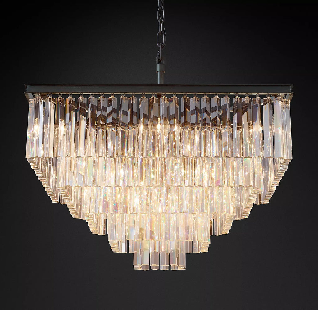 1920s Odeon Multi-Tier Luxury Crystal Square Chandelier Lighting 34"
