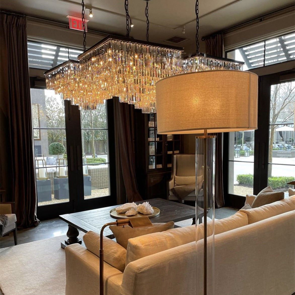 1920s Odeon Modern Multi-Tier Crystal Square Chandelier Lighting 47"