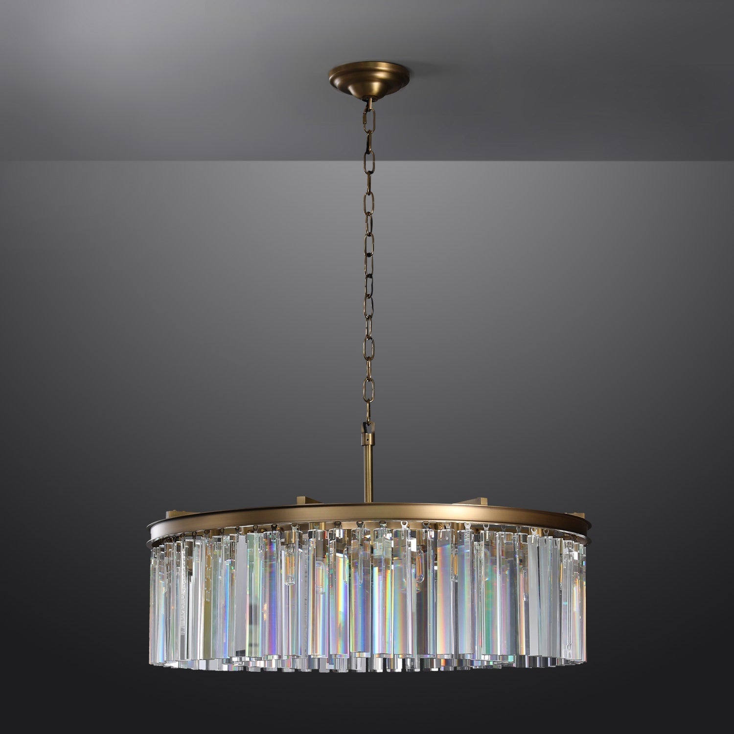 1920s Odeon Elegant Crystal Round Brass Chandelier Lighting 32"/43"