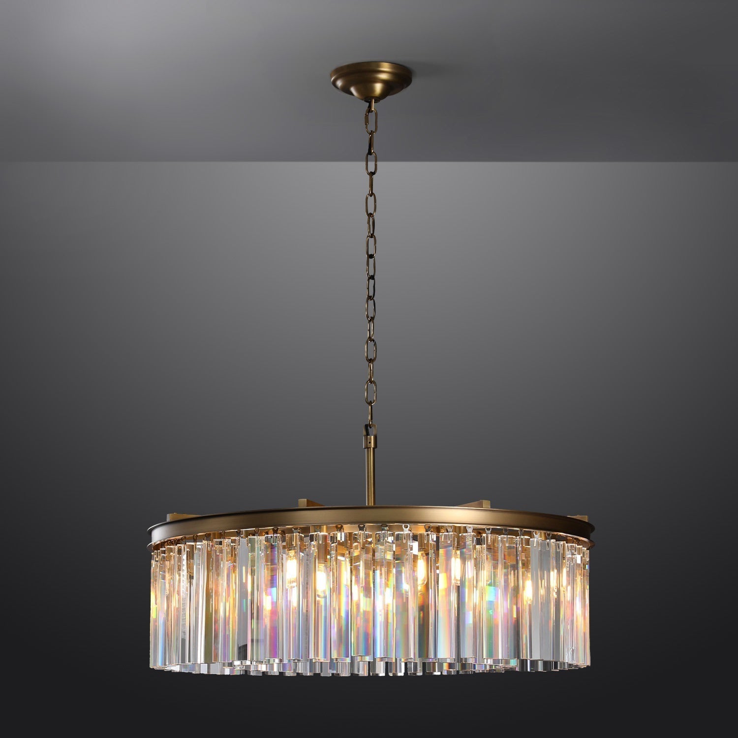 1920s Odeon Elegant Crystal Round Brass Chandelier Lighting 32"/43"