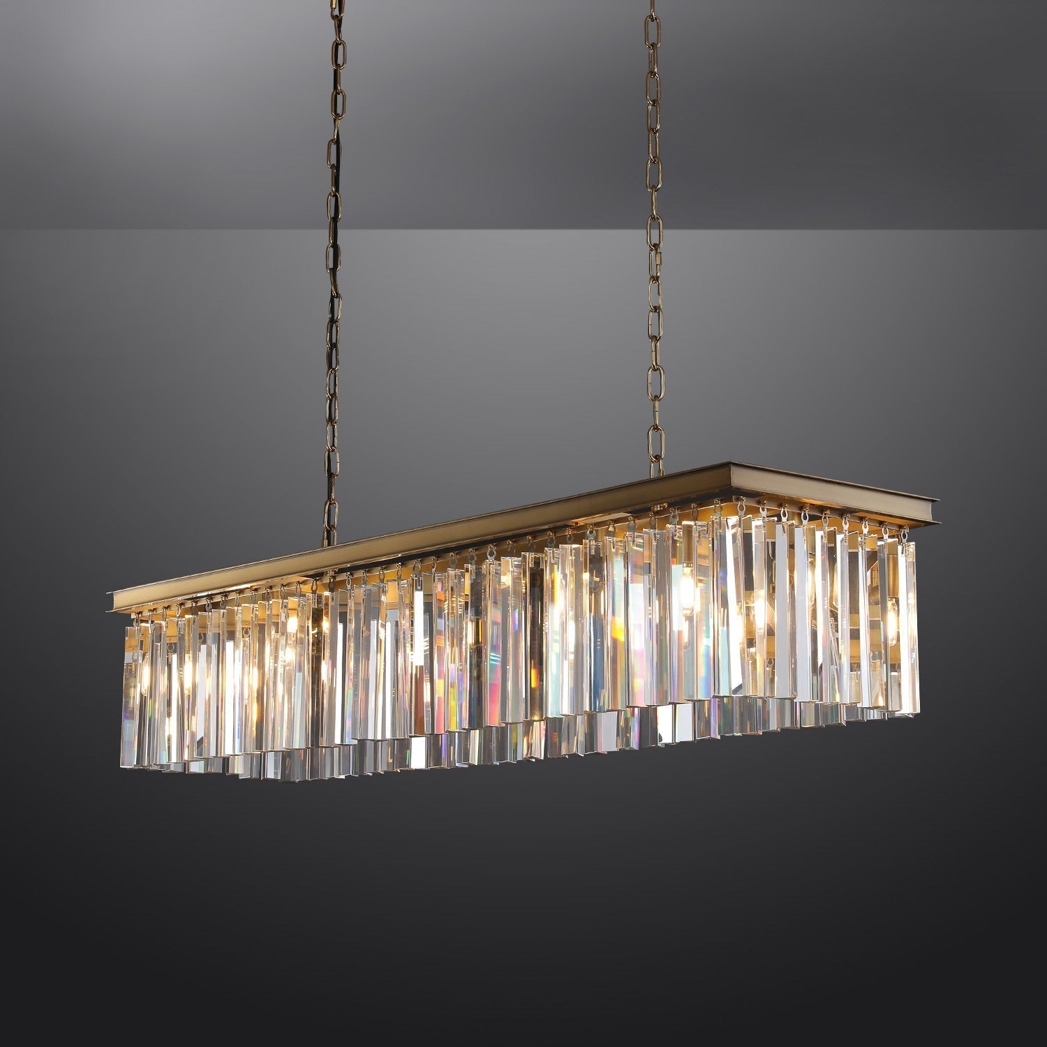 Elegant 1920s Odeon Crystal Island Linear Brass Chandelier 49"/59"