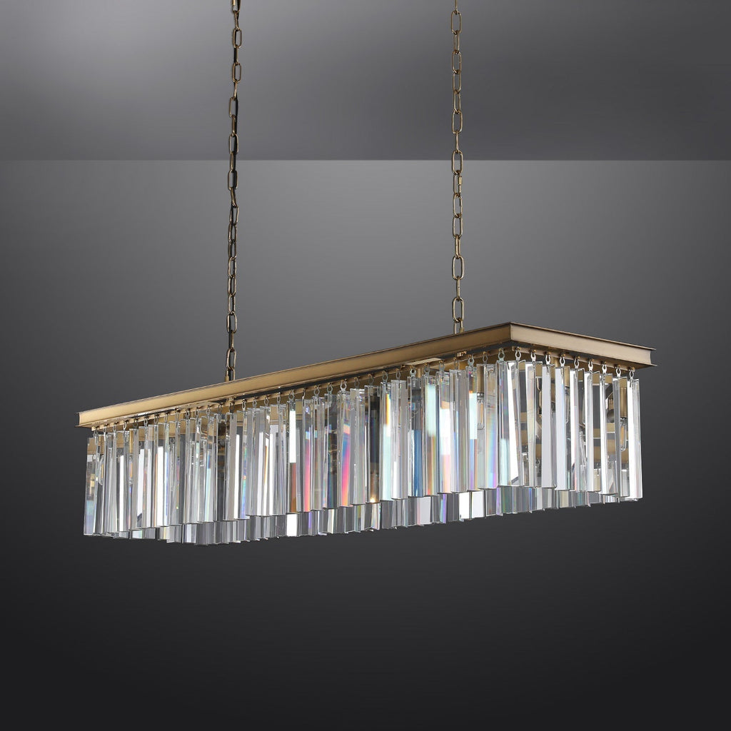 Elegant 1920s Odeon Crystal Island Linear Brass Chandelier 49"/59"