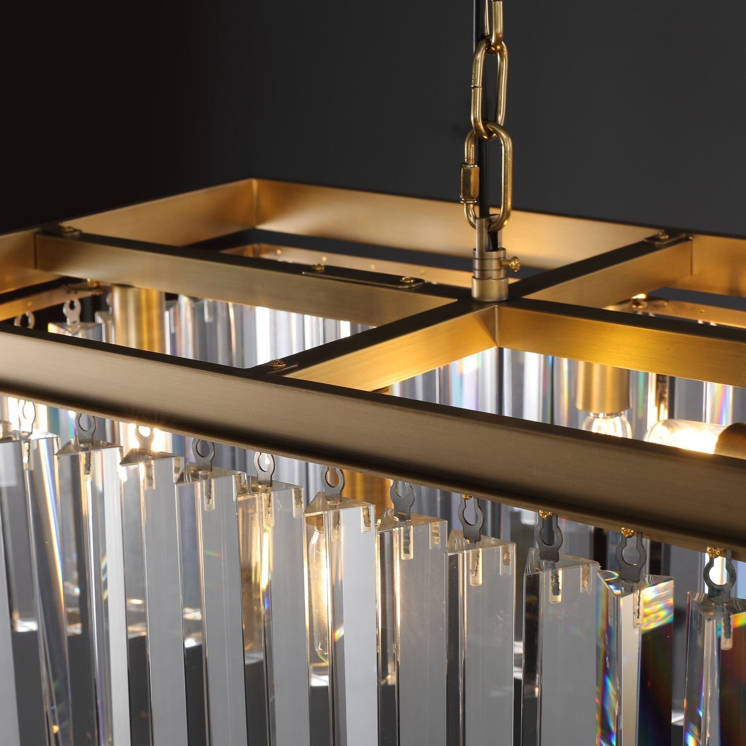 Elegant 1920s Odeon Crystal Island Linear Brass Chandelier 49"/59"