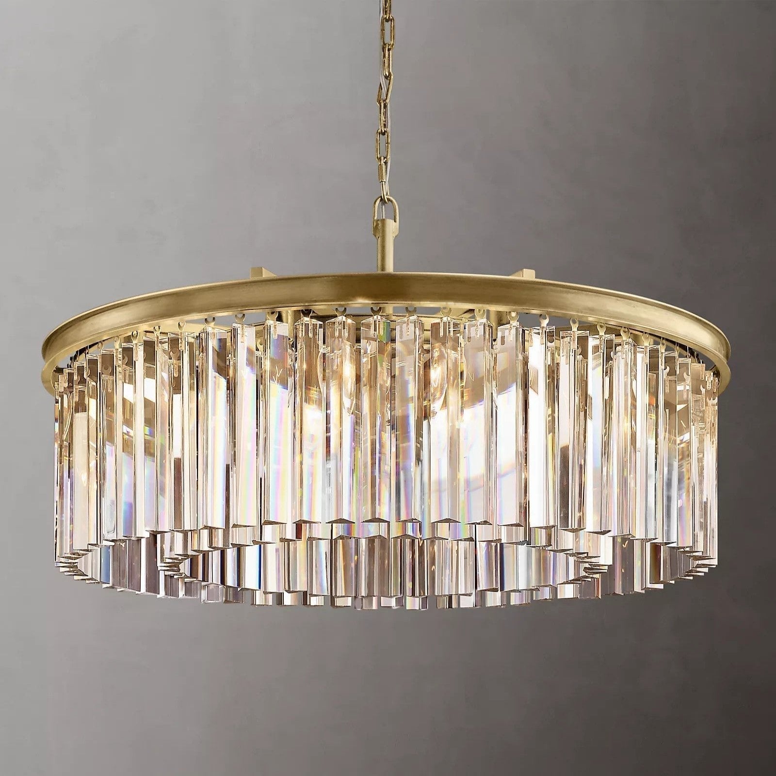 1920s Odeon Elegant Crystal Round Brass Chandelier Lighting 32"/43"