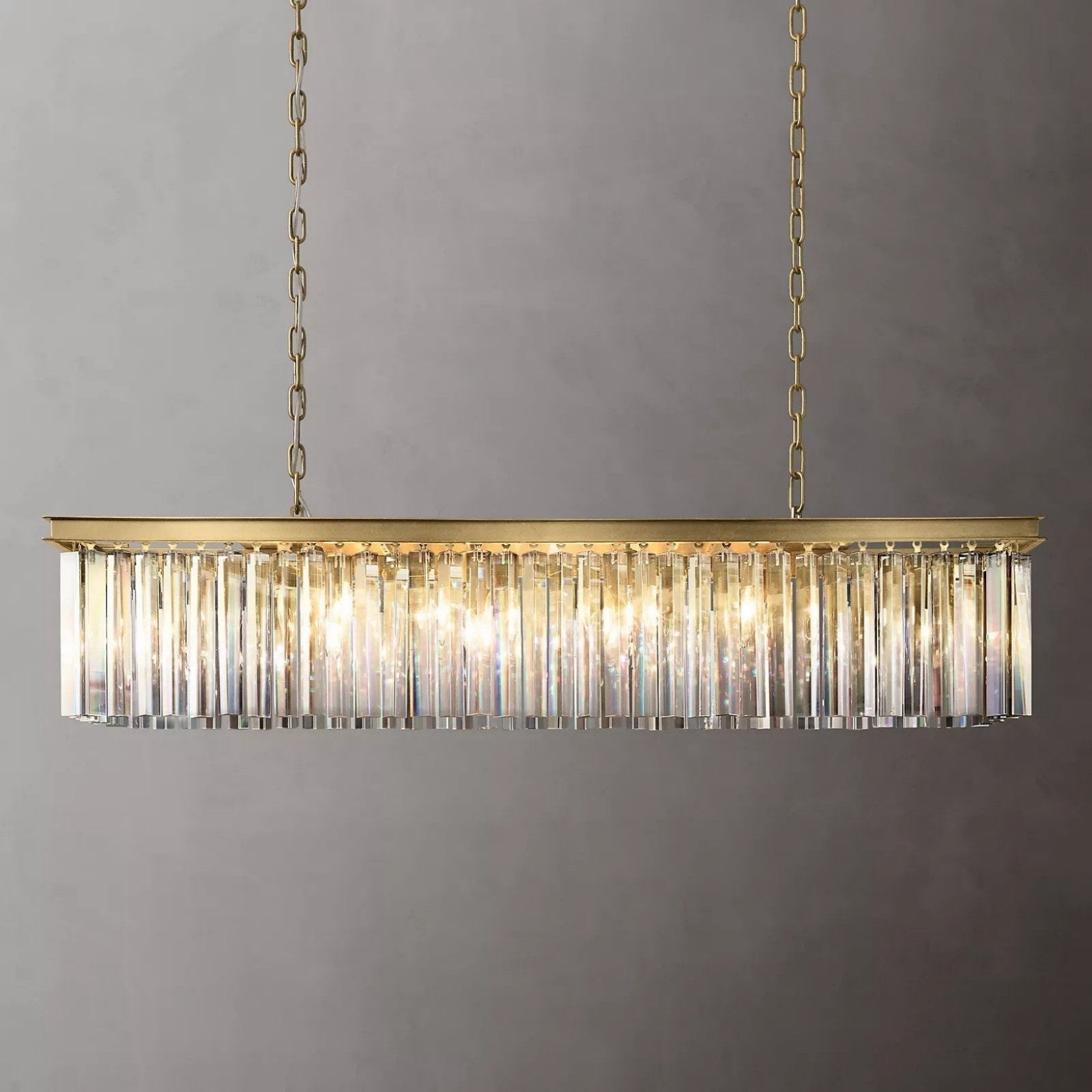 Elegant 1920s Odeon Crystal Island Linear Brass Chandelier 49"/59"