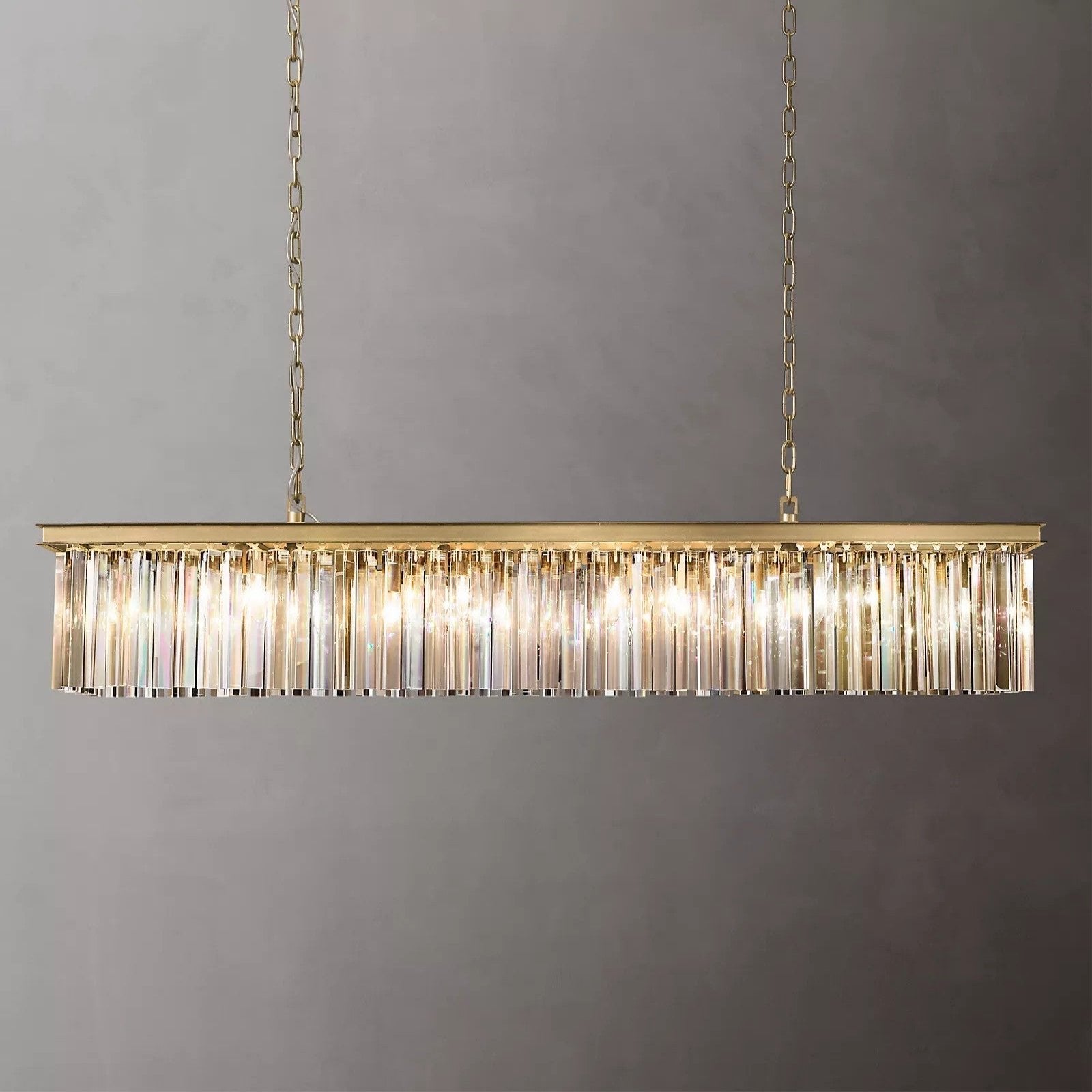 Elegant 1920s Odeon Crystal Island Linear Brass Chandelier 49"/59"