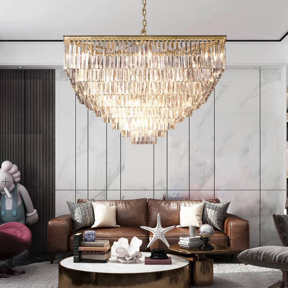 1920s Odeon Modern Multi-Tier Crystal Square Chandelier Lighting 47"