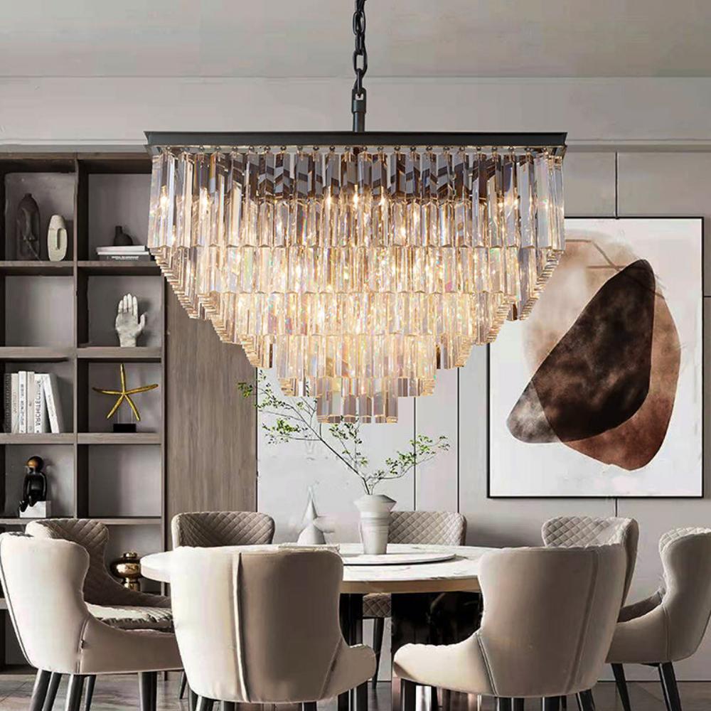 1920s Odeon Multi-Tier Luxury Crystal Square Chandelier Lighting 34"
