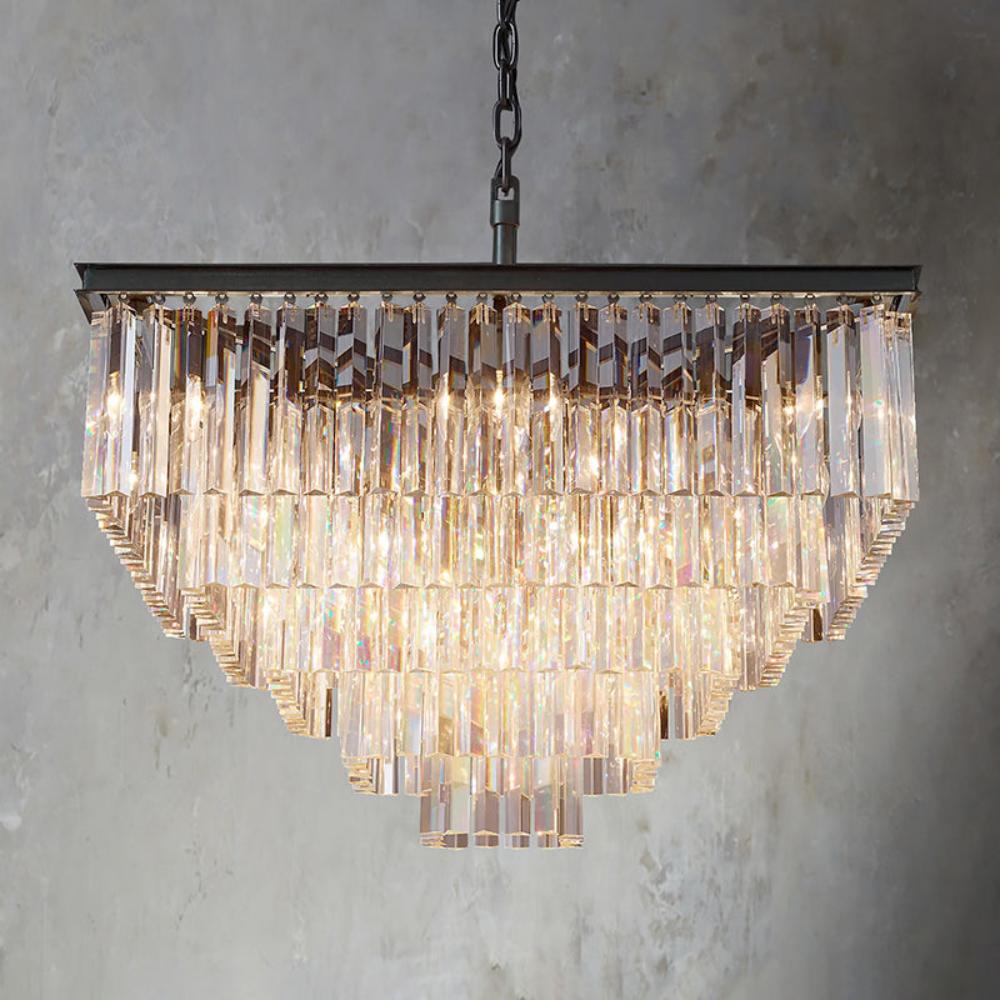 1920s Odeon Multi-Tier Luxury Crystal Square Chandelier Lighting 34"