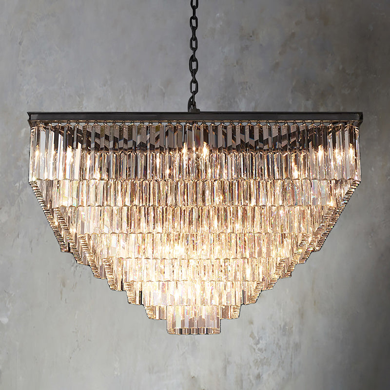 1920s Odeon Modern Multi-Tier Crystal Square Chandelier Lighting 47"