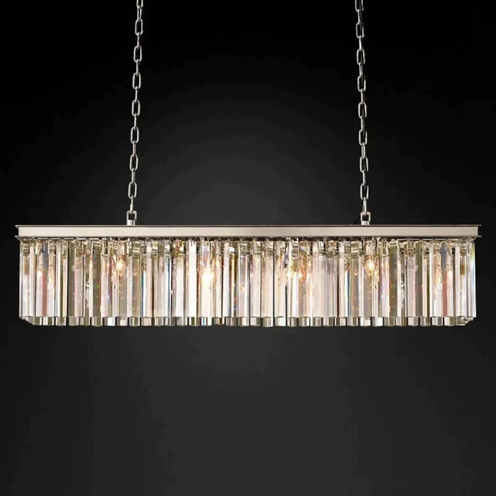 1920s Odeon Polished Nickel Crystal Island Linear Chandelier Modern Lighting 49" 59"