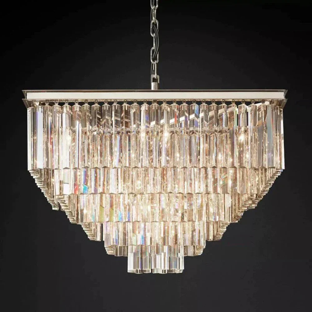1920s Odeon Multi-Tier Luxury Crystal Square Chandelier Lighting 34"